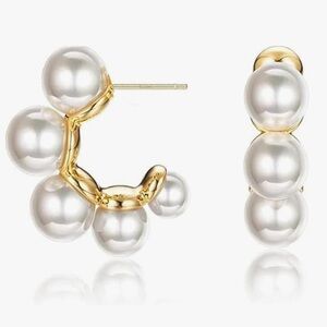 NEW 14K Gold Plated Gold and Pearl Hoop Earrings